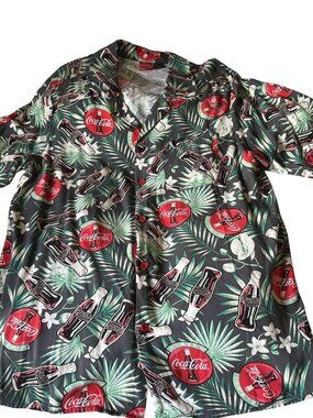Coca-Cola Hawaiian Button-Up Shirt Tropical Print Black Red Green Large